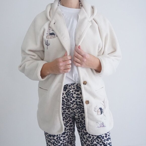 Vintage Club Hollywood Canada Cream Embroidered Fall Fleece Button Up Sweater M - Picture 2 of 11